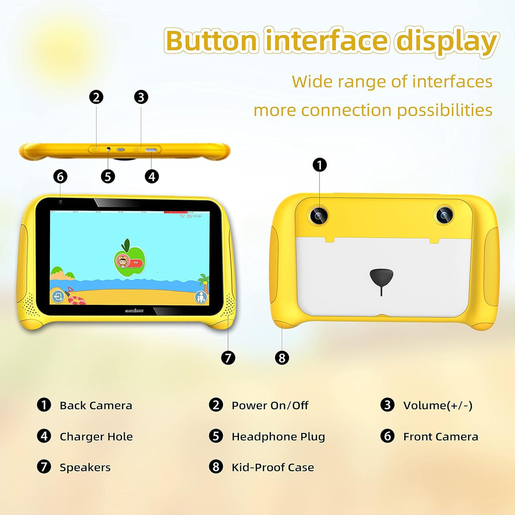 Yellow 7 inch Kids Tablet Android 11 Quad Core 2GB RAM 32GB Dual Camera WiFi Bluetooth Pack of 2 J522