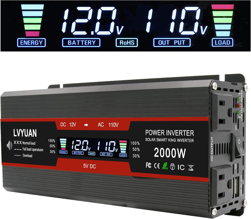 Car Power Inverter DC 12V to 110V AC Converter with LCD Display Dual AC Outlets Dual USB P342977