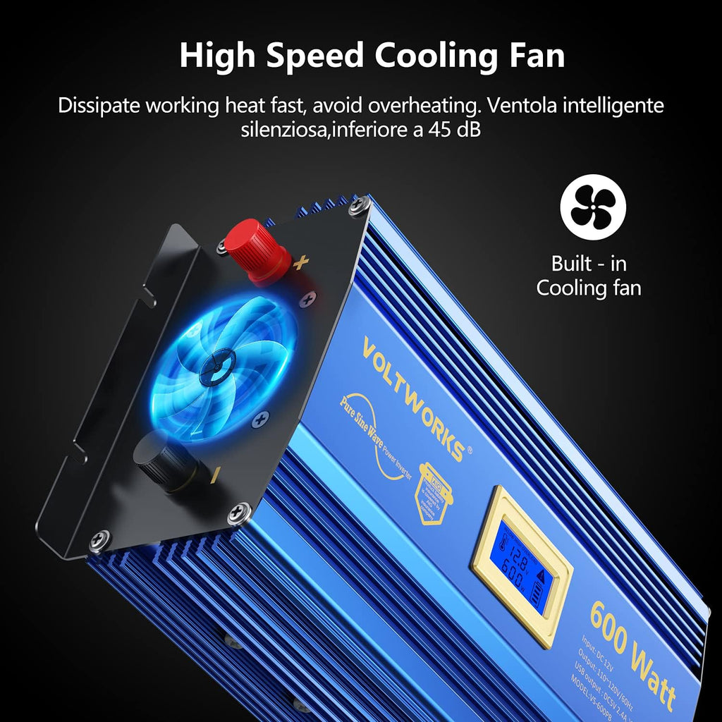 600 Watts Pure Sine Wave Power Inverter DC 12V to AC 110V with Dual USB Port & LCD Display N897