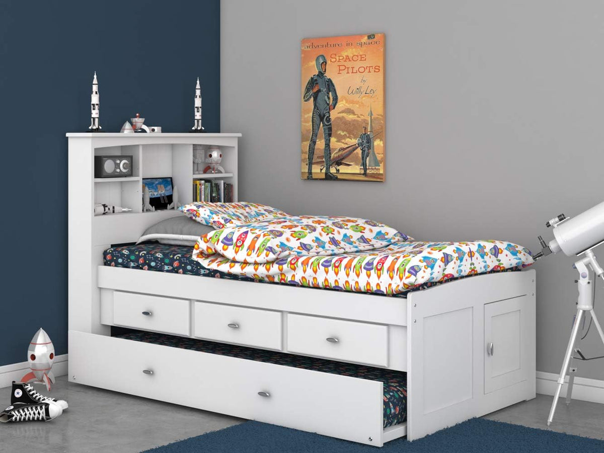 White Twin Bookcase Bed with 3 Drawers and Trundle D42771