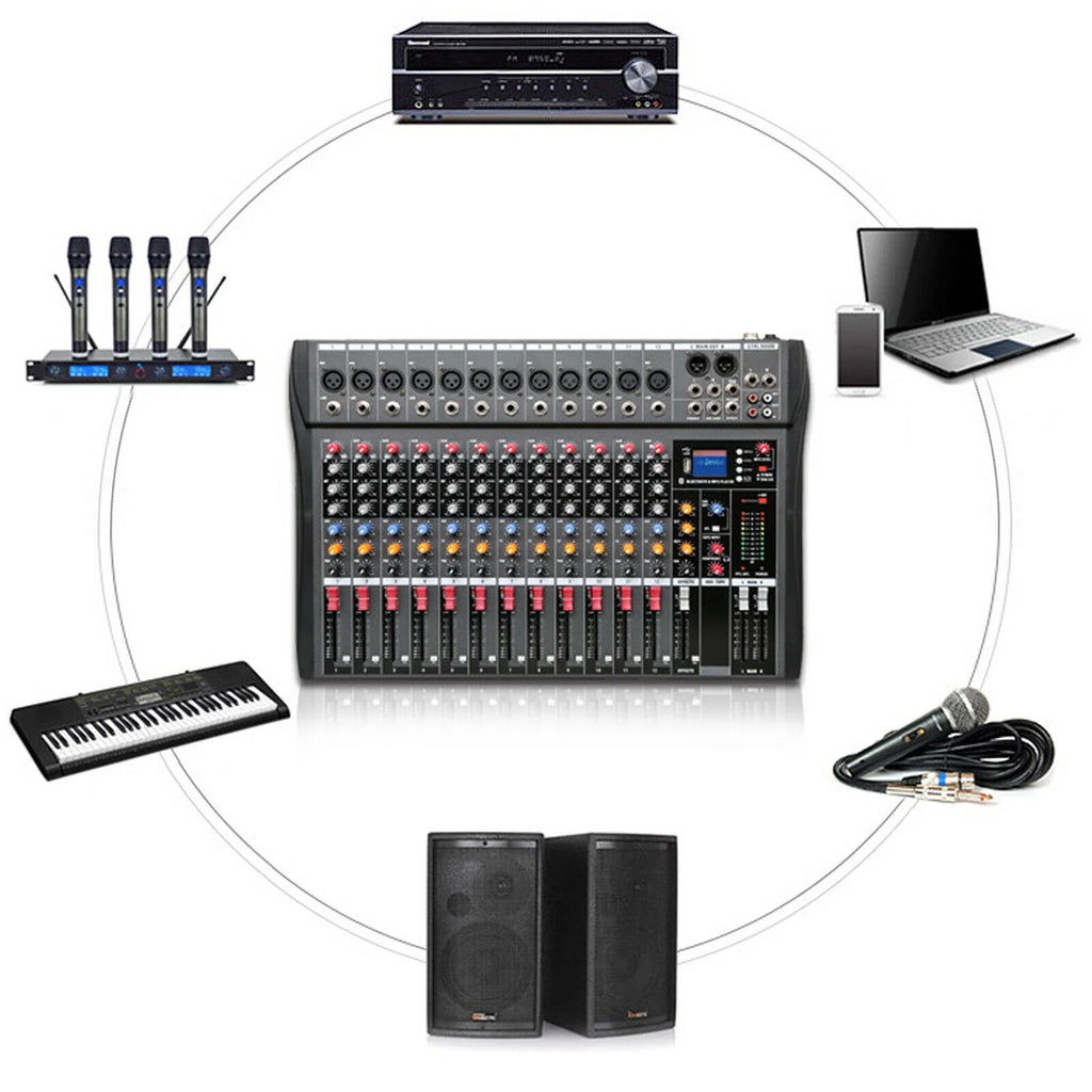 12 Channel Audio Mixer Bluetooth USB DJ Sound Mixing Console B731337