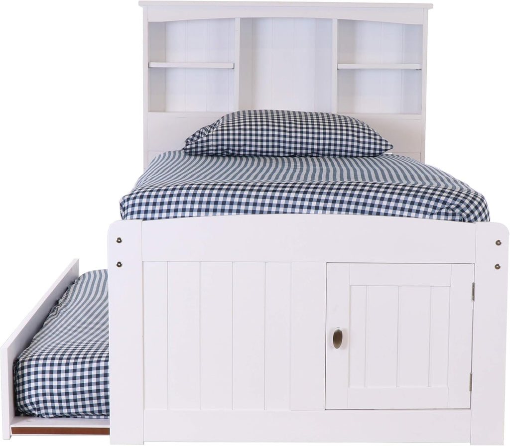 White Twin Bookcase Bed with 3 Drawers and Trundle D42771
