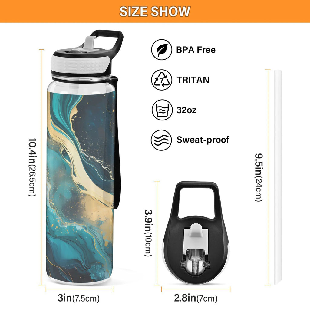 Green Marble and Golden 32oz Tritan Leakproof Sports Bottle with Straw B527