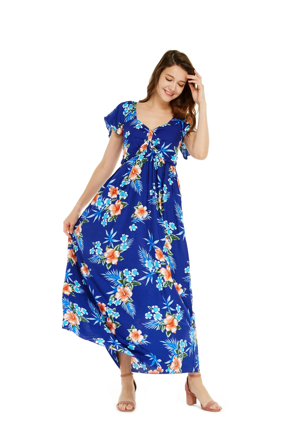 Hawaiian Luau Maxi Ruffle Sleeve Dress Q5236