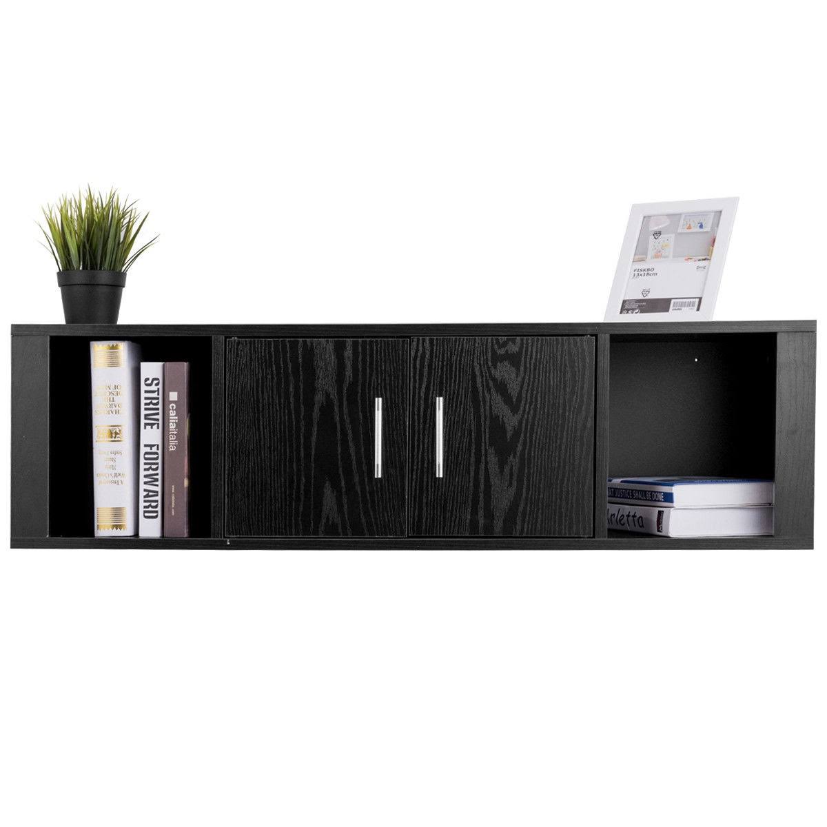 Black Wall Mounted Floating Desk Hutch Cabinet with 2 Door Storage Shelves F94062