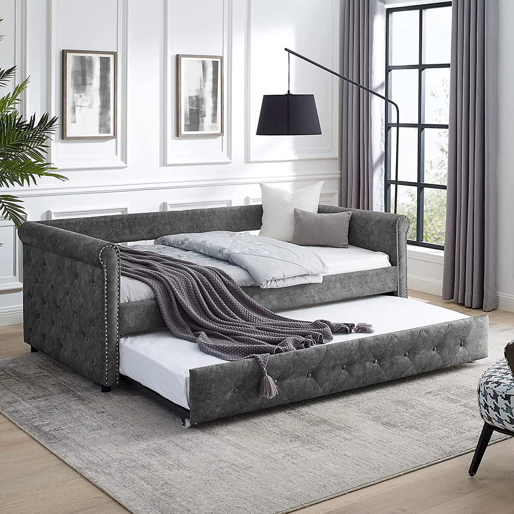 Twin Size Grey Linen Daybed with Trundle I9895