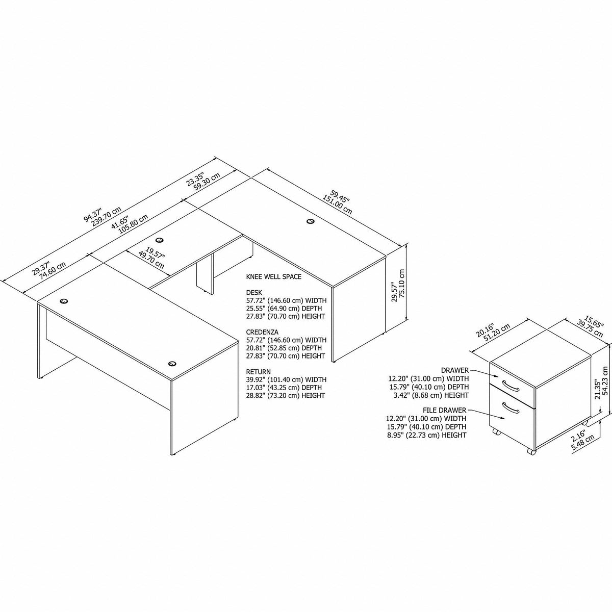 60W U Shaped Desk with Mobile File Cabinet G3246