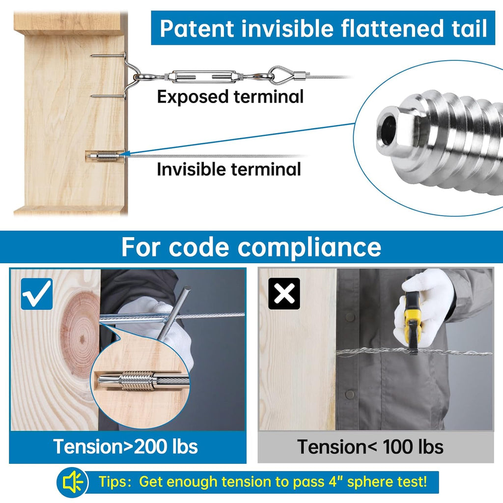 20Pack 1/8 Invisible Cable Railing Kit T316 Stainless Steel for Wood Posts Deck Stairs 10 Cable Lines N219683