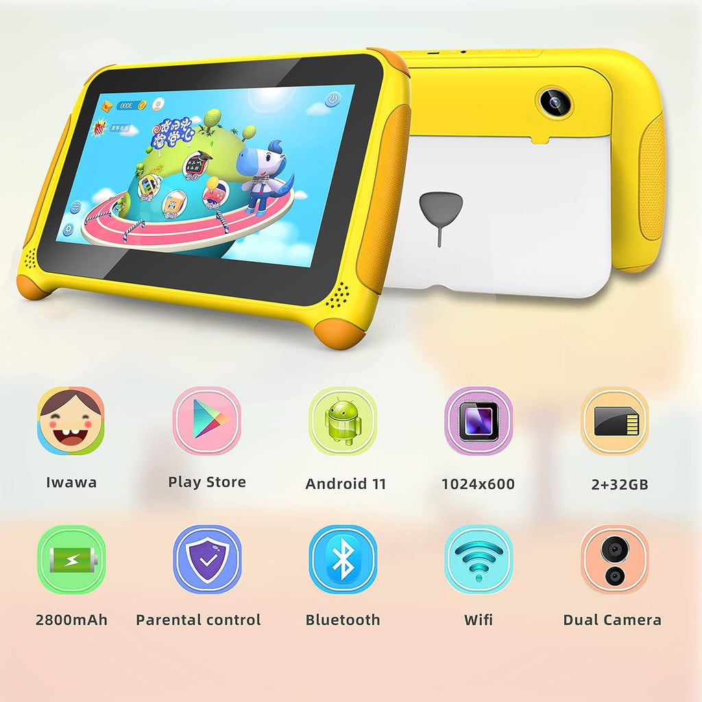 Yellow 7 inch Kids Tablet Android 11 Quad Core 2GB RAM 32GB Dual Camera WiFi Bluetooth Pack of 2 J522