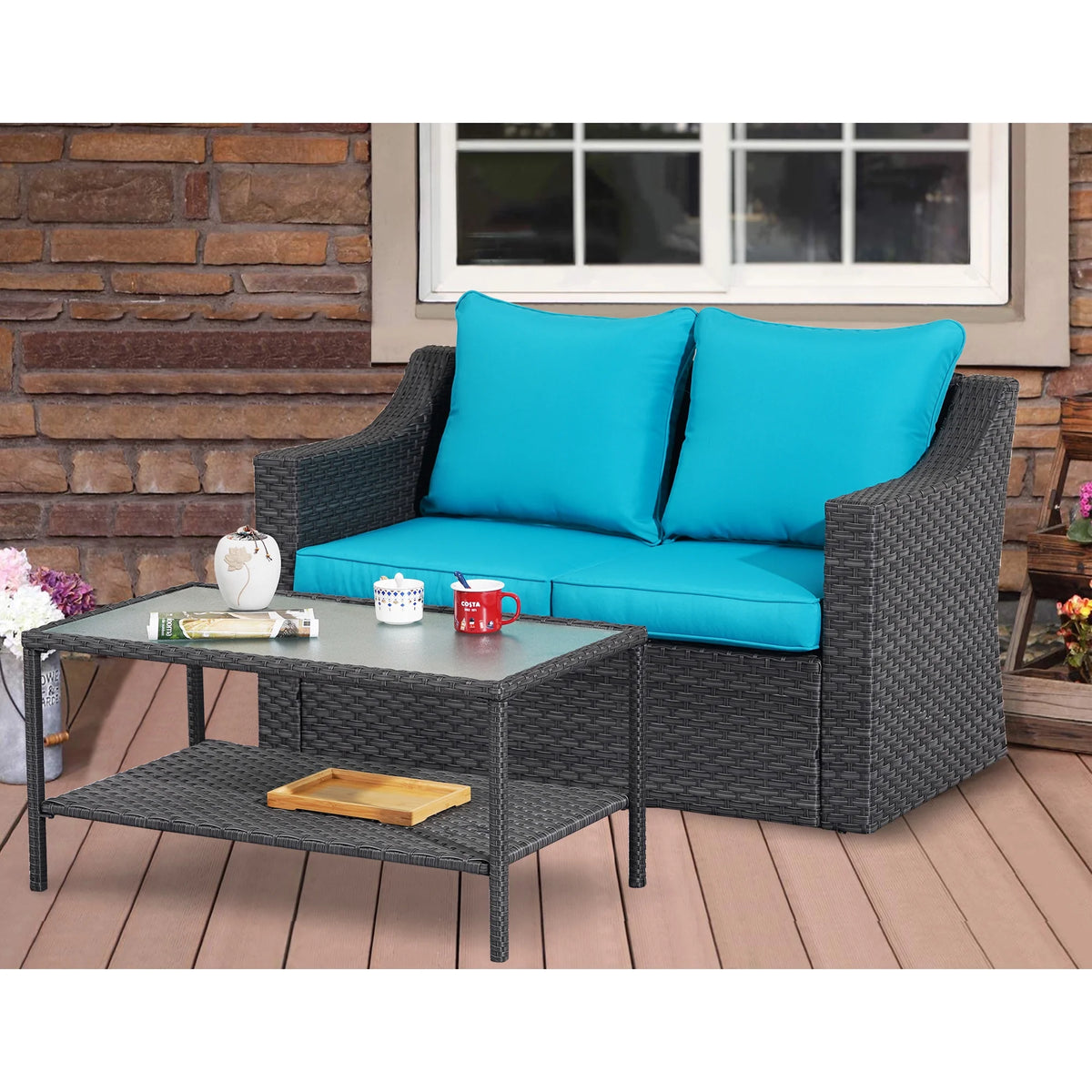 Gray Rattan Patio Loveseat with Glass Table M835993