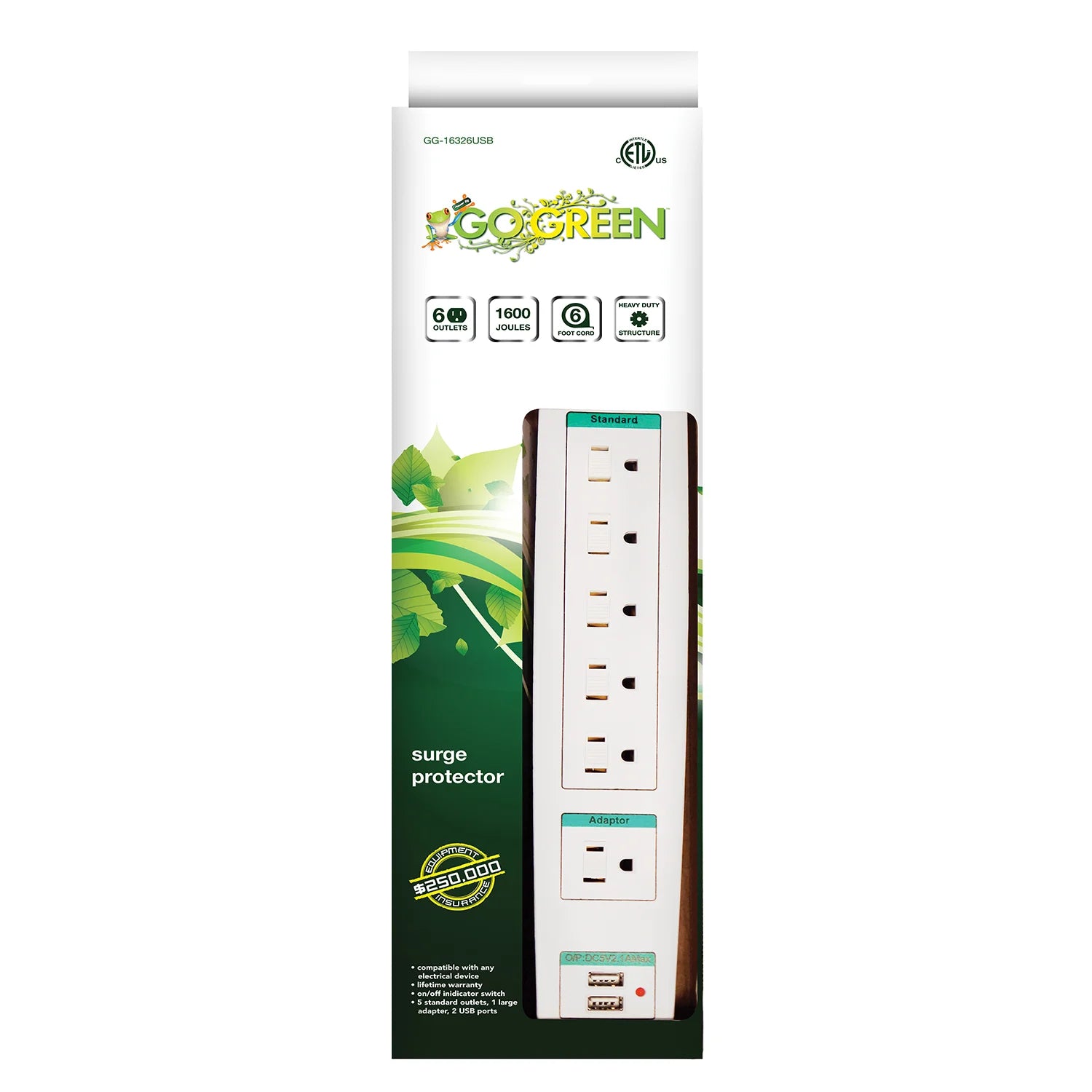 6 Outlet Surge Protector with 2 USB Ports, White, 6 ft Cord D21147