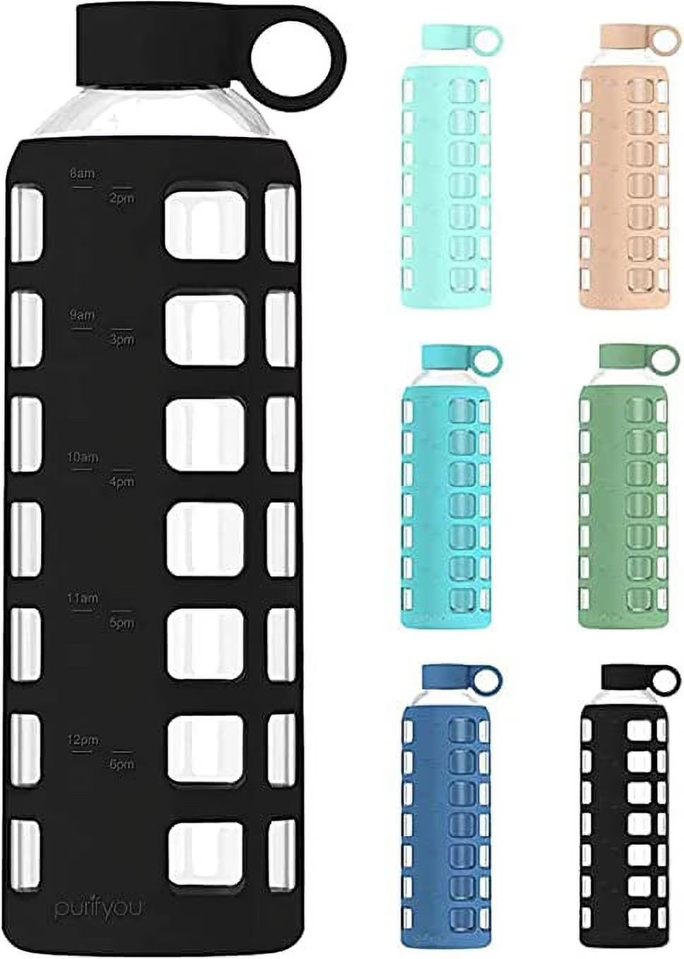 40 oz Reusable Glass Water Bottle with Time and Volume Markings, Non-Slip Silicone Sleeve & Stainless Steel Lid Insert I57045