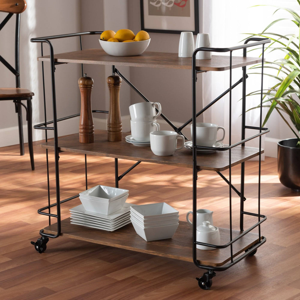 Black Metal and Walnut Finished Wood Bar and Kitchen Serving Cart B76625