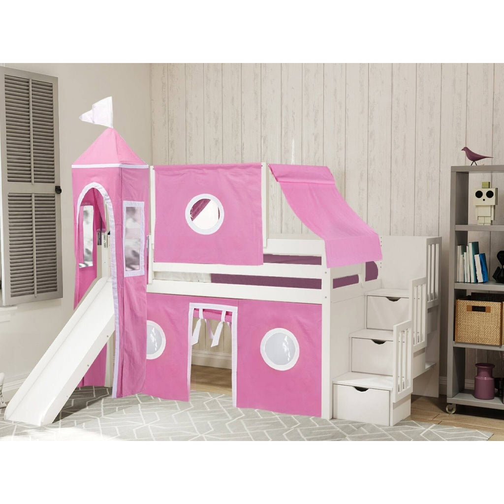 Blue Low Loft Twin Stairway Bed with Slide and Tent C28925
