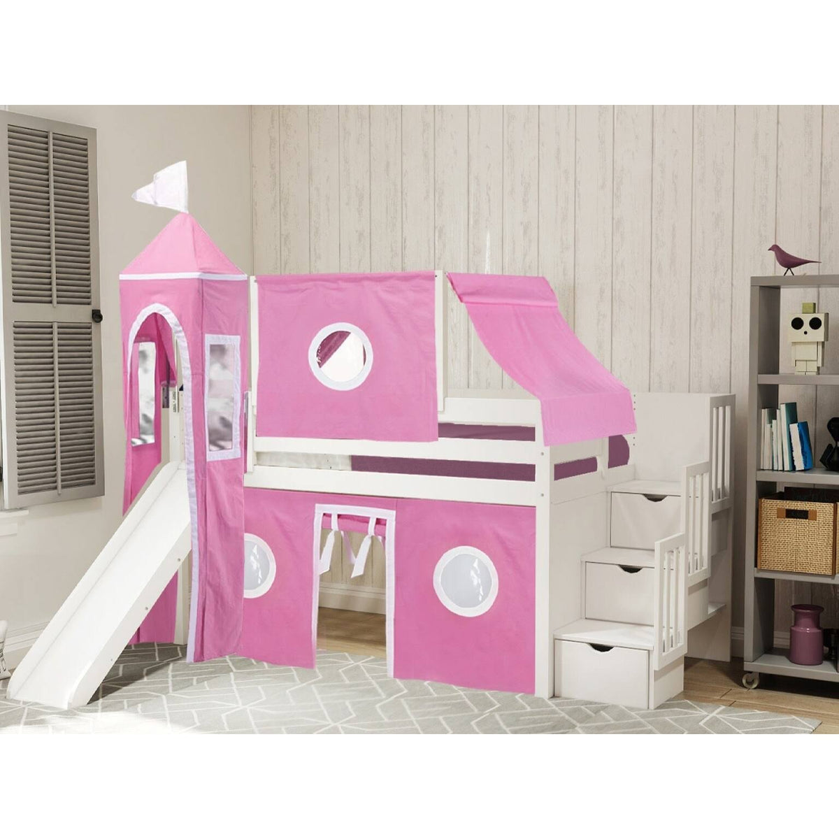 Blue Low Loft Twin Stairway Bed with Slide and Tent C28925