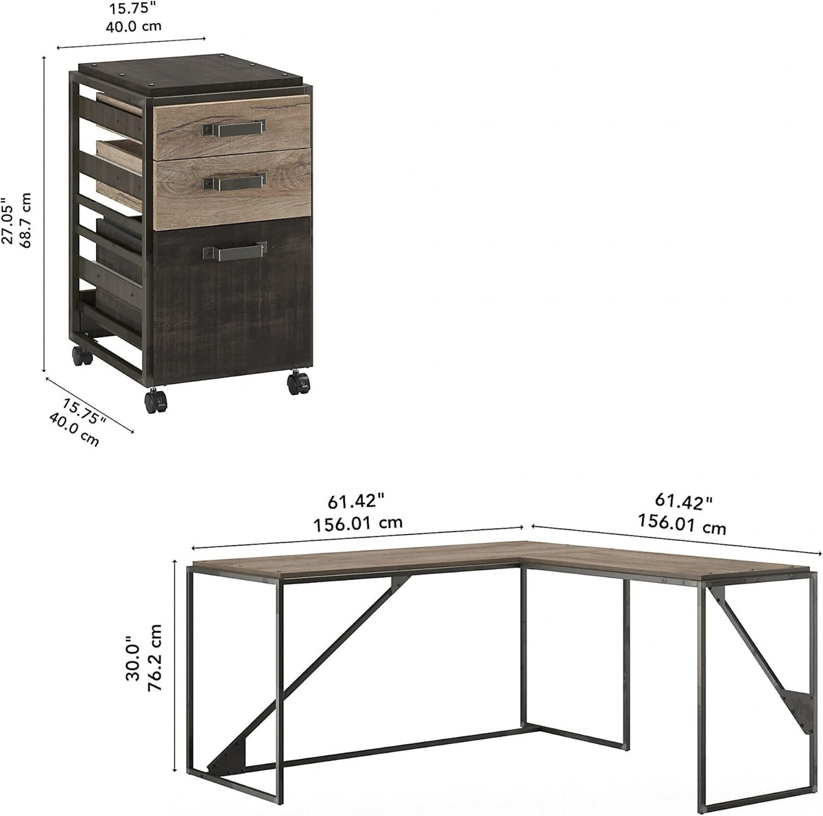 Rustic Gray L Shaped Desk with 3 Drawer Mobile File Cabinet C243