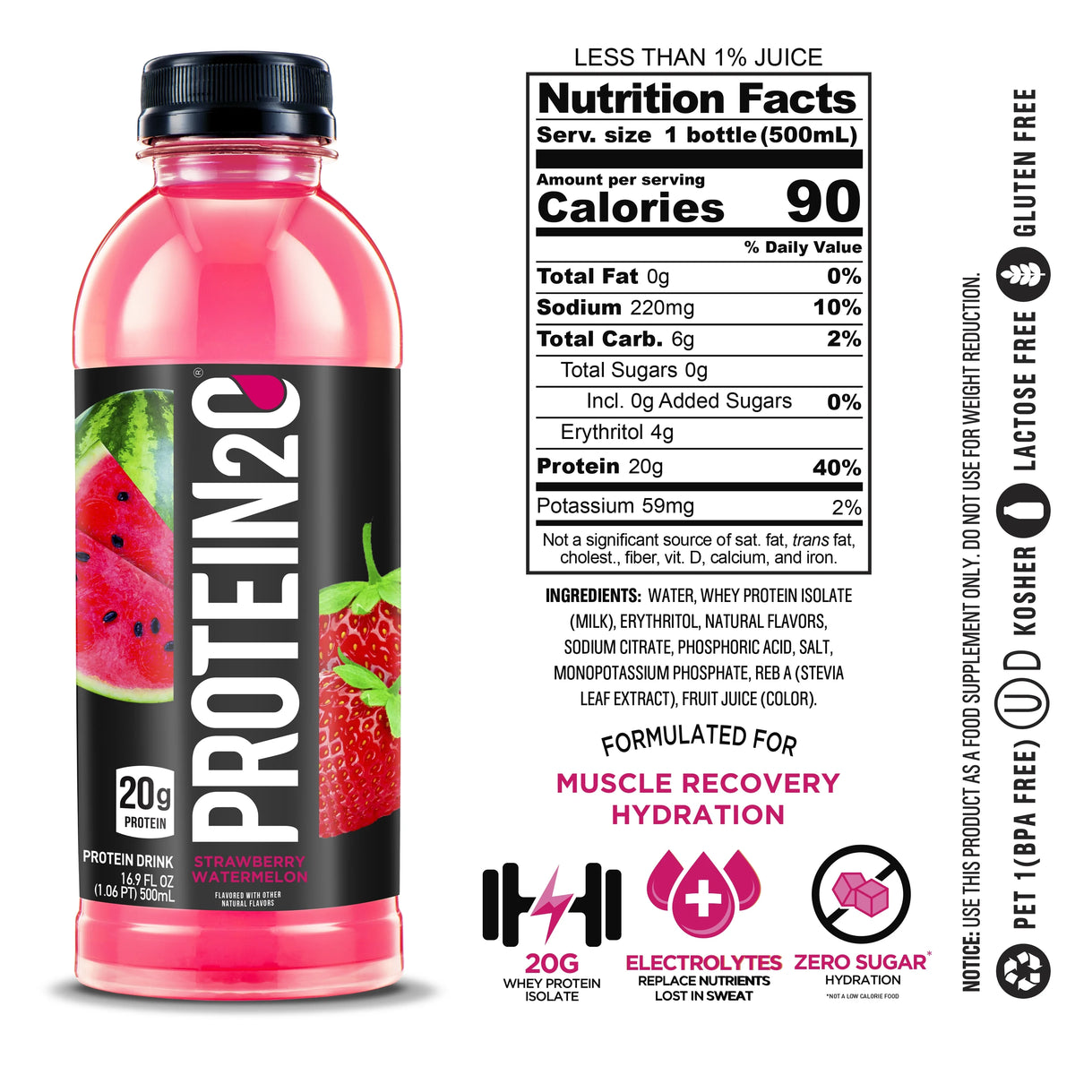Strawberry Watermelon 20g Whey Protein Infused Water, 16.9 fl oz (12-Pack) Y626