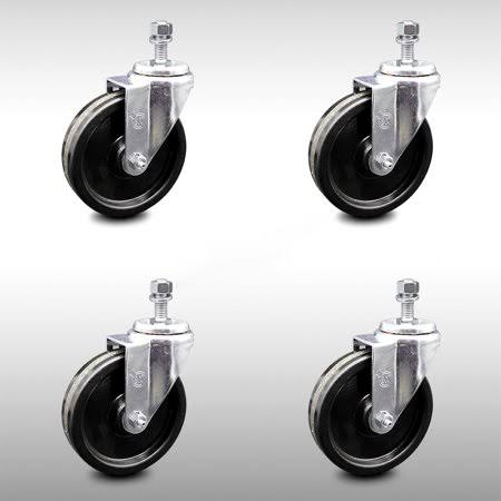 Stainless Steel Phenolic Swivel Threaded Stem Caster Set of 4 with 5 inch x 1.25 inch Black Wheels and 12mm Stems M504793
