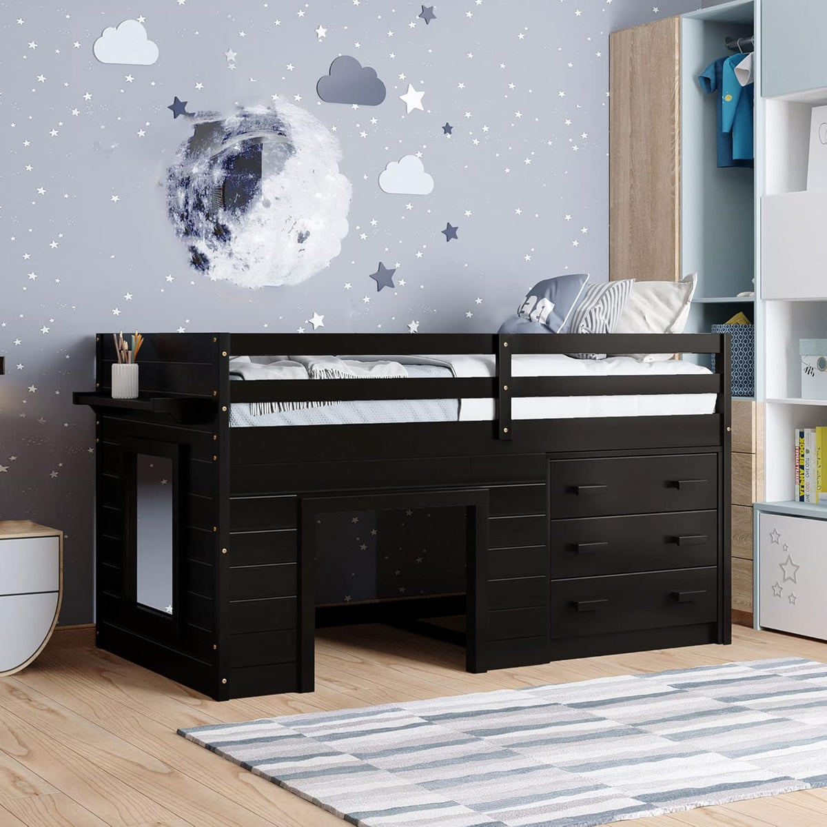 Twin Size Loft Bed with Desk and Storage Cabinet V465