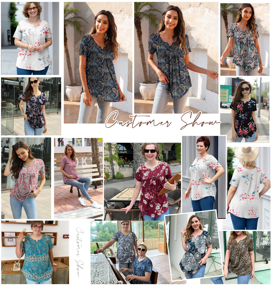 Womens Plus Size Tunic Tops Short Sleeve Floral Henley Shirts U4184