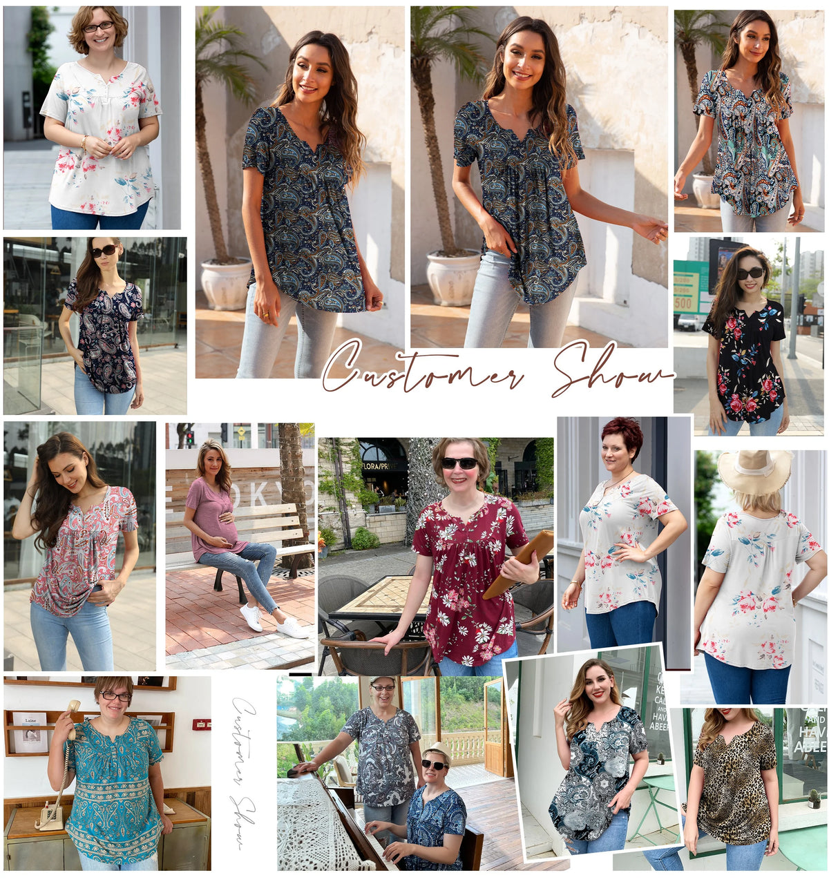 Womens Plus Size Tunic Tops Short Sleeve Floral Henley Shirts U4184