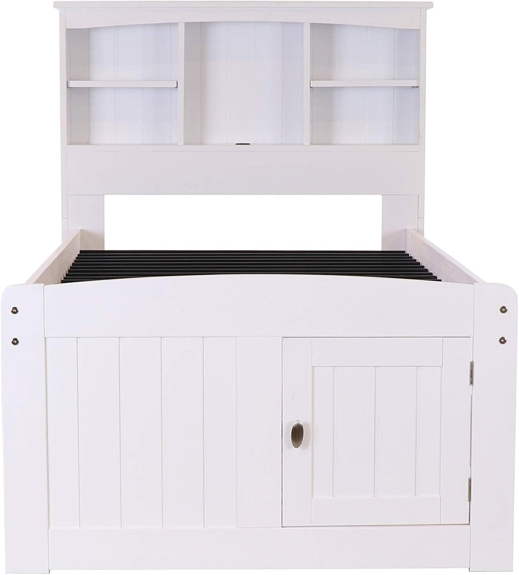 White Twin Bookcase Bed with 3 Drawers and Trundle D42771