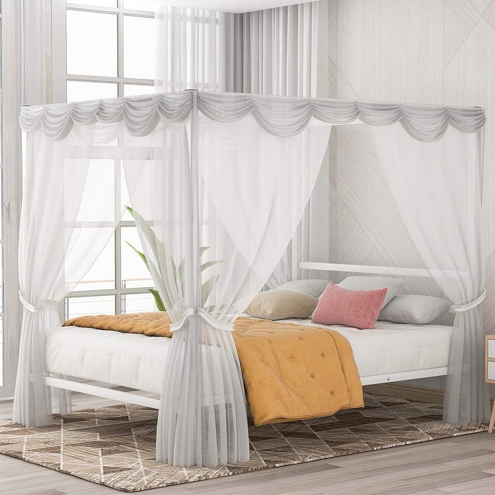 White Queen Metal Platform Bed with Headboard U7208