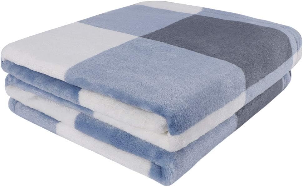 Plaid Flannel Fleece Blanket Queen Size, Grey and White T59431