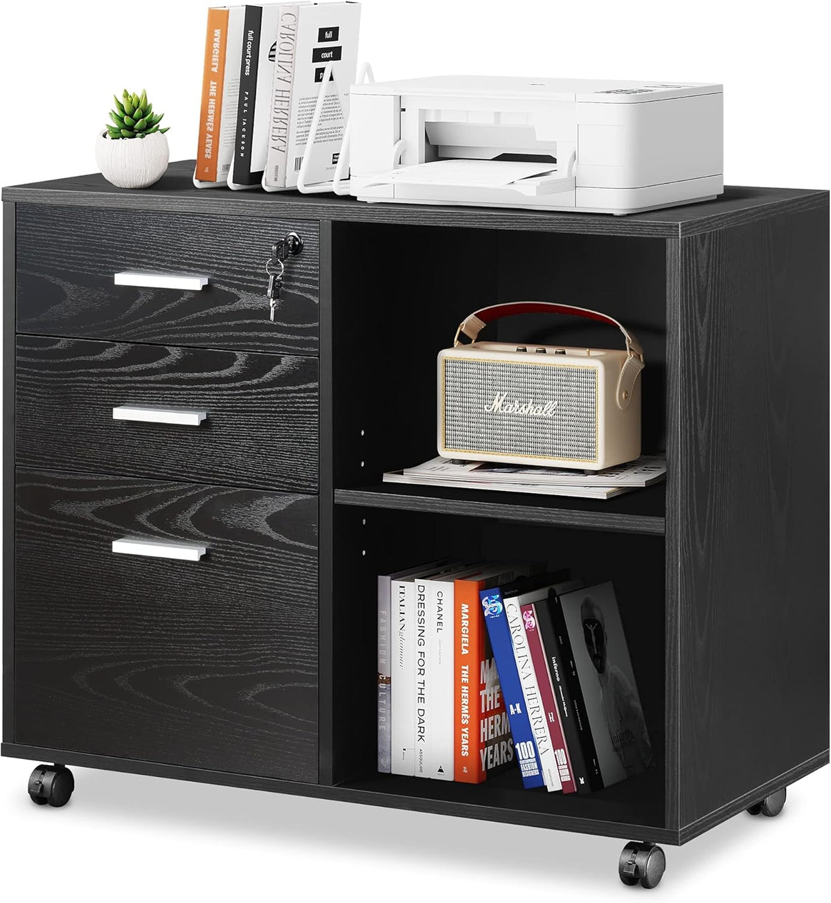 Black 3-Drawer Wood File Cabinet with Lock Q494