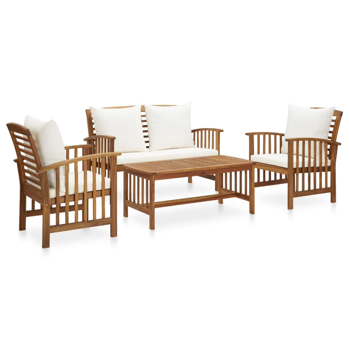 4 Piece Patio Lounge Set with Cream White Cushions Acacia Wood Outdoor Sectional Sofa Set D49826