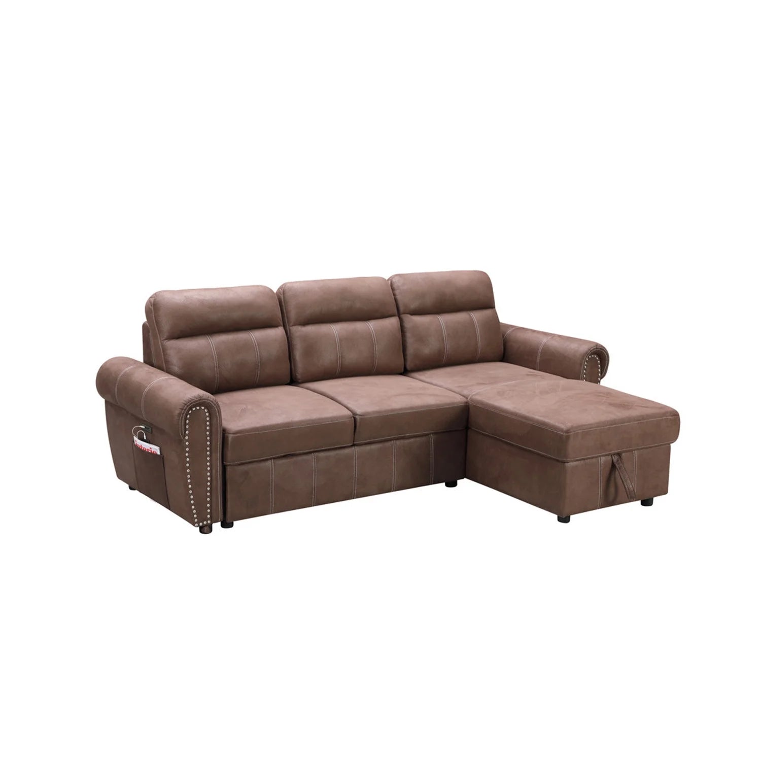 Brown Reversible Sleeper Sectional Sofa Chaise with USB Charger W84077