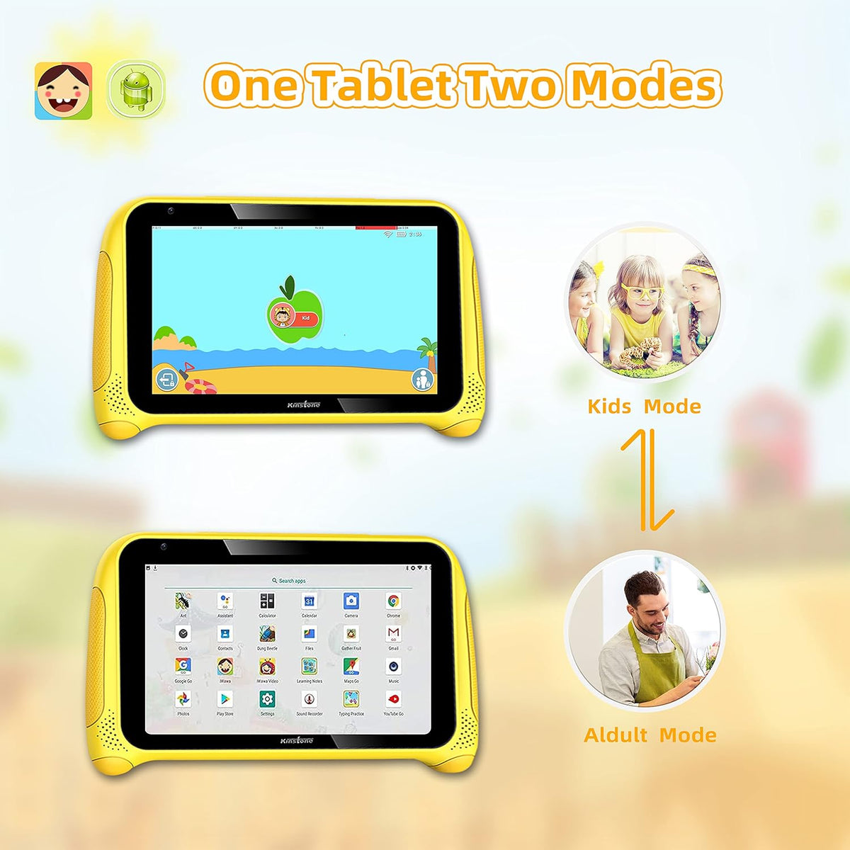 Yellow 7 inch Kids Tablet Android 11 Quad Core 2GB RAM 32GB Dual Camera WiFi Bluetooth Pack of 2 J522
