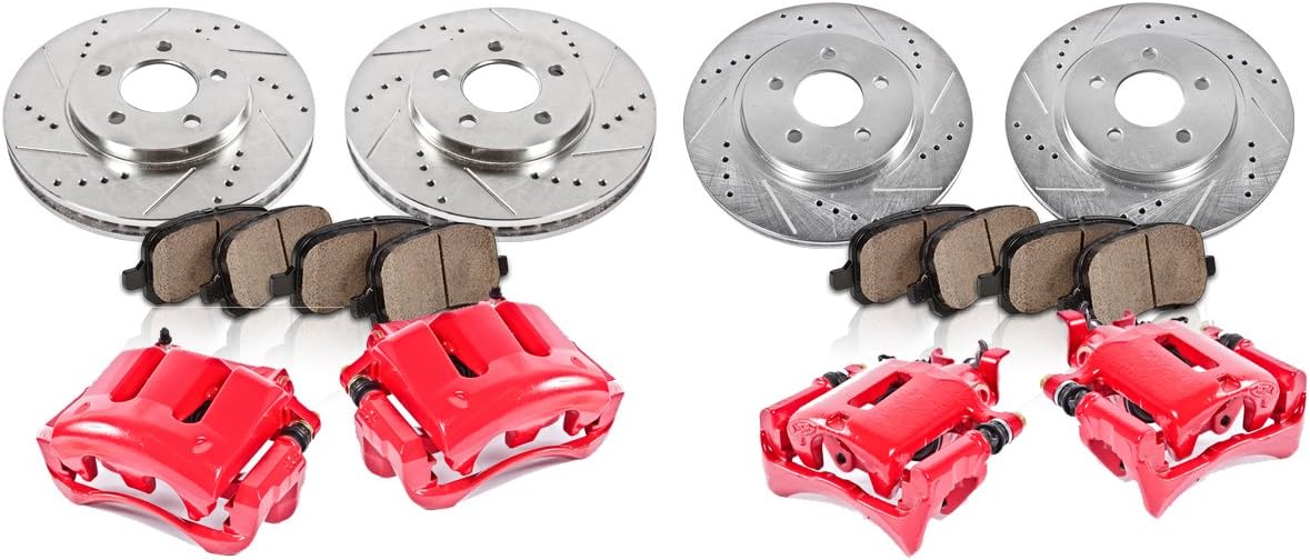 Red Powder Coated Calipers Drilled Slotted Rotors Ceramic Pads W8884