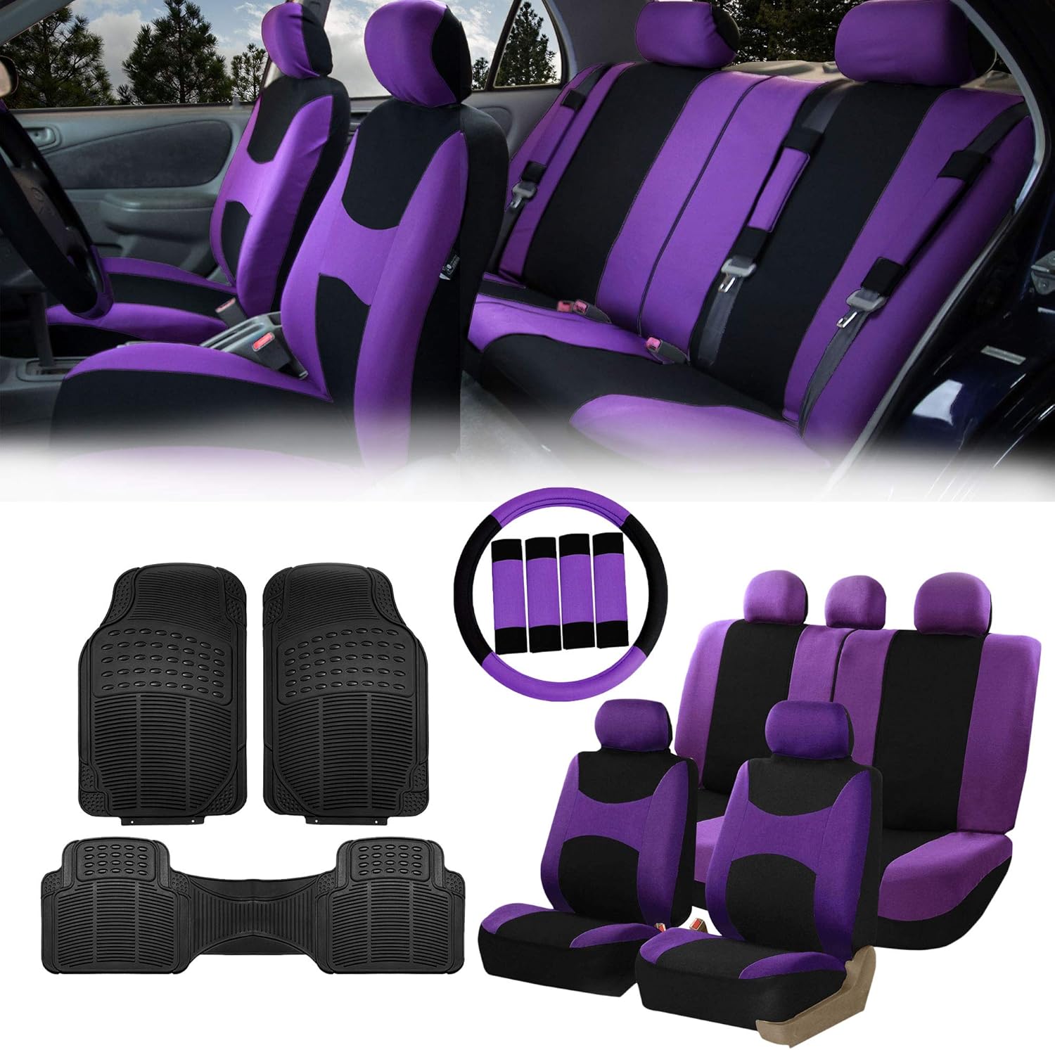 Beige Black Cloth Car Seat Covers Combo Set with Steering Wheel Cover, Seat Belt Pads and Vinyl Floor Mats L15949