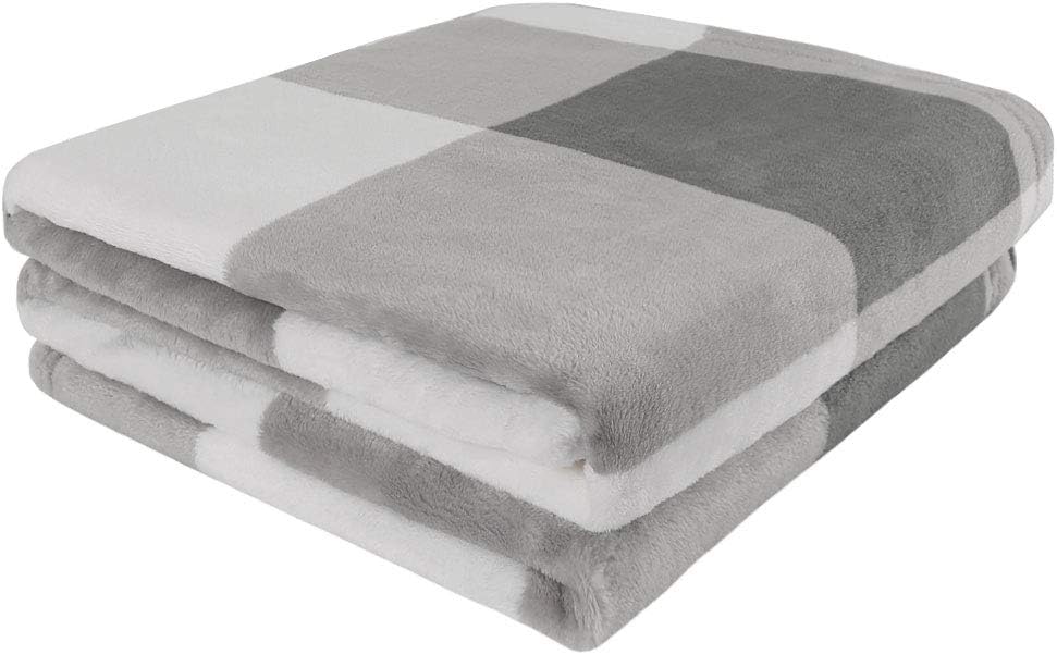 Plaid Flannel Fleece Blanket Queen Size, Grey and White T59431