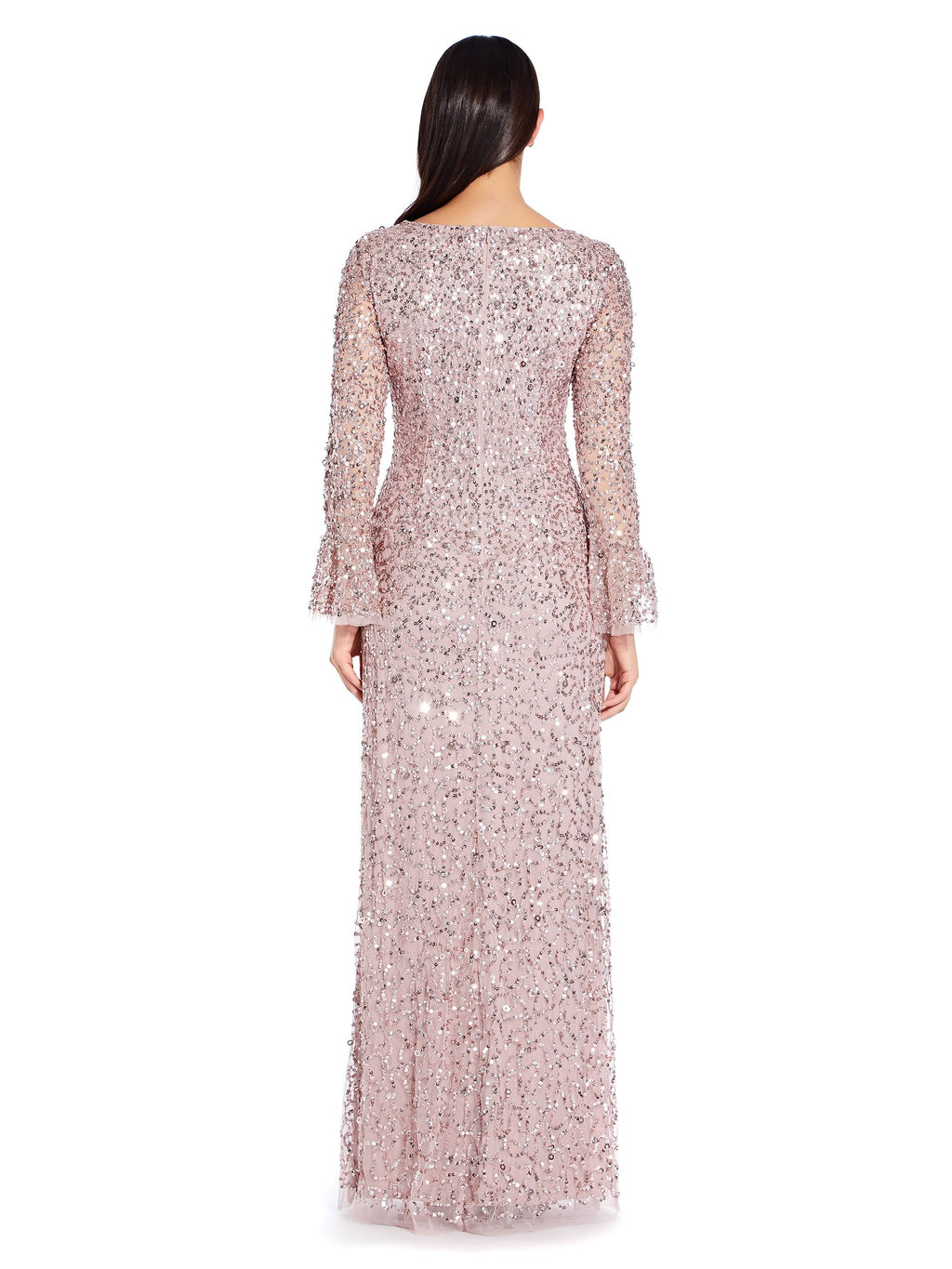Pink Beaded Evening Gown with Bell Sleeves A36821