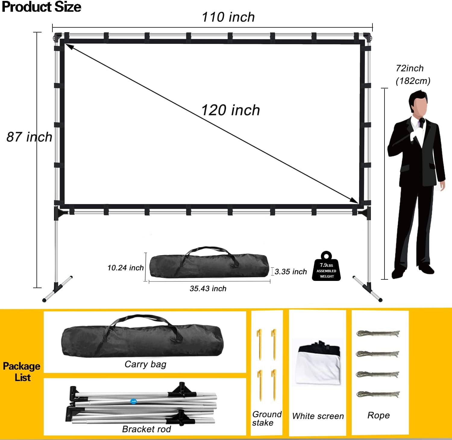 120 inch 16:9 Portable Projector Screen with Stand and Carry Bag S823991