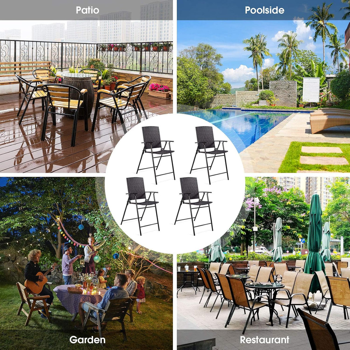 Set of 4 Folding Wicker Rattan Bar Stools with Back P74354