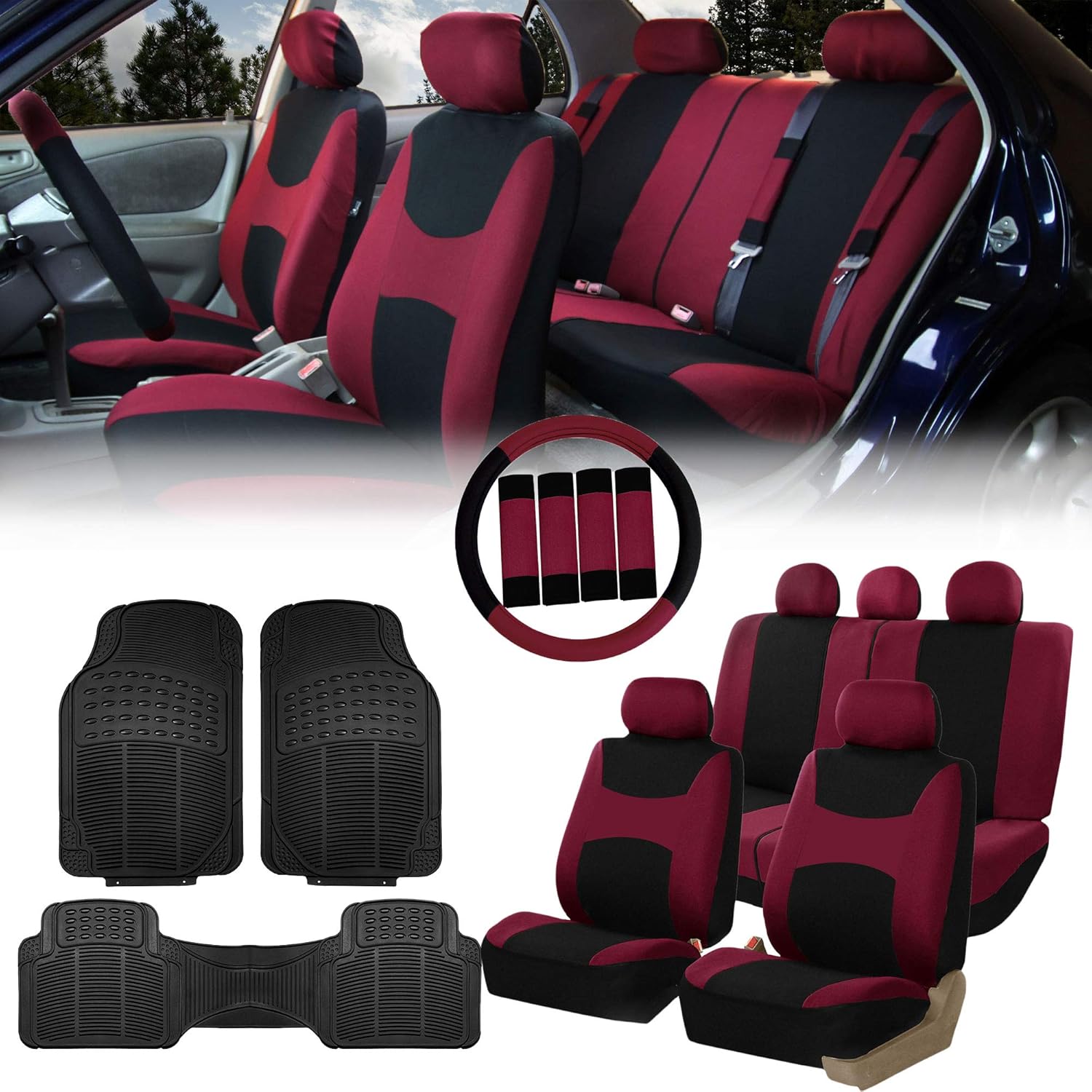 Beige Black Cloth Car Seat Covers Combo Set with Steering Wheel Cover, Seat Belt Pads and Vinyl Floor Mats L15949