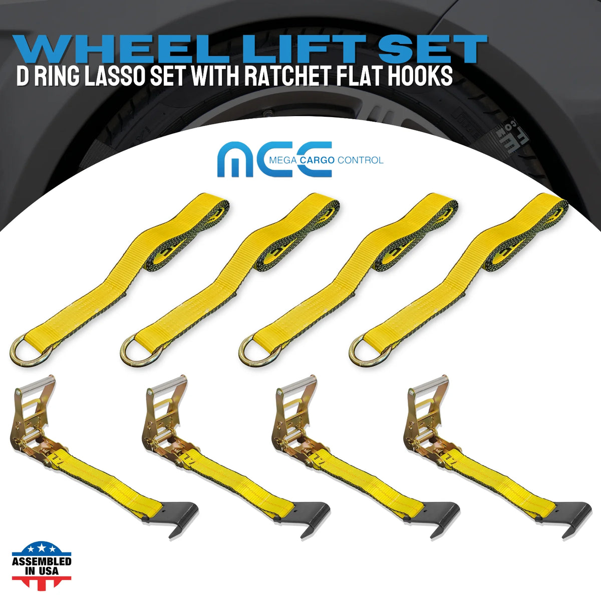 4 Pack 2" x 10' Side Mount Wheel Net Tie Down Ratchet Lasso Strap Flat Hook Yellow B33299
