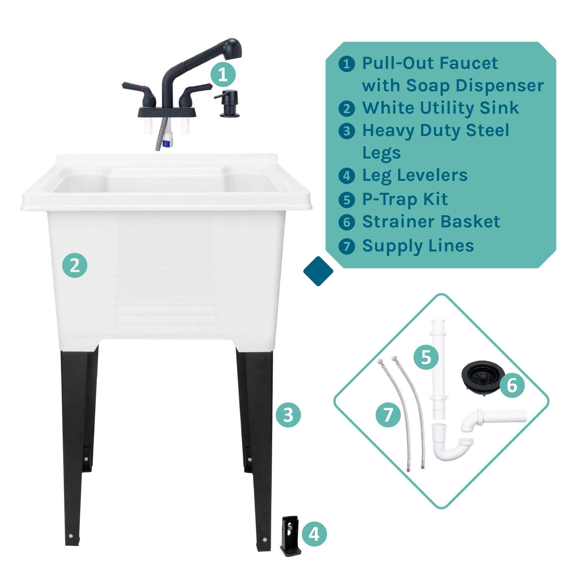 White Utility Sink with Black Pull-Out Faucet 18 Gallon C41999