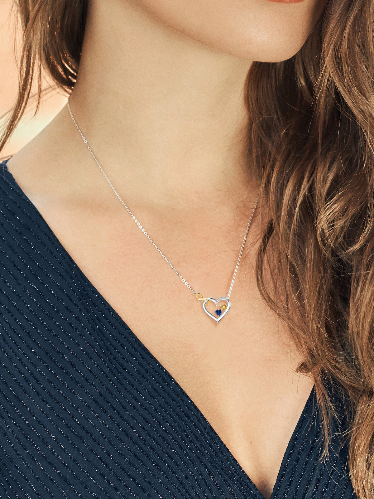 925 Sterling Silver 10K Yellow Gold Citrine Blue Created Sapphire White Lab Grown Diamond Infinity Heart Pendant Necklace 0.75 Cttw 18 inch Chain D48958
