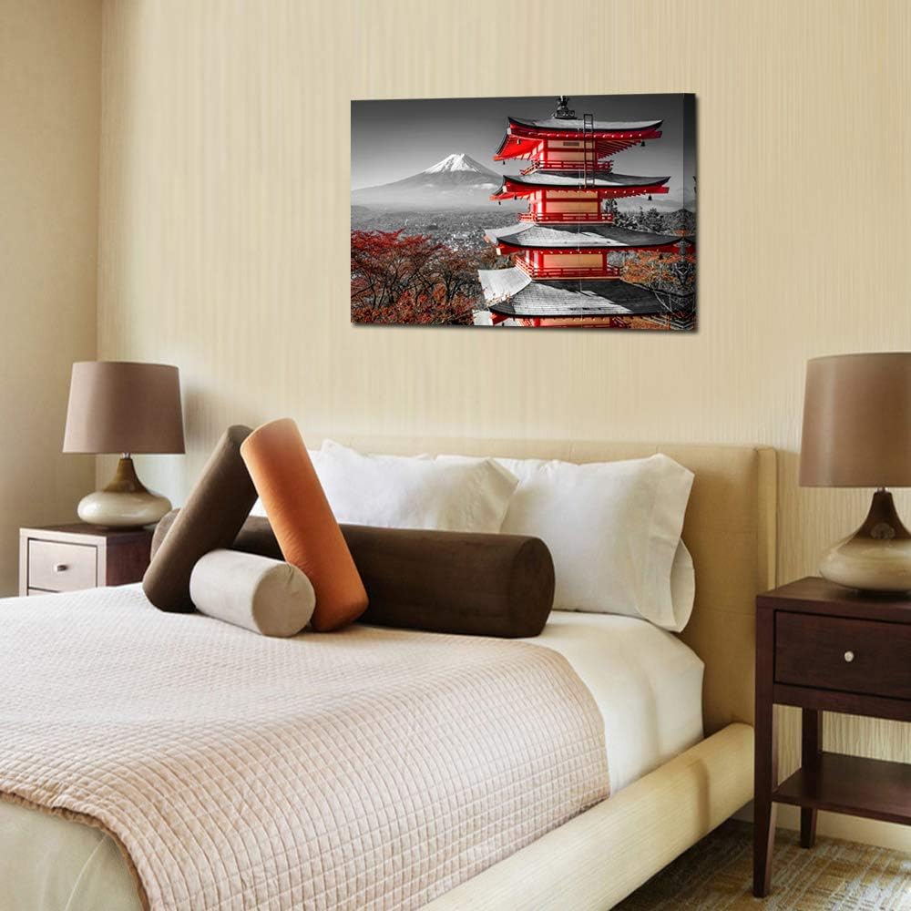 Black and White Photograph with Pop of Red on a Chinese Shrine Canvas Prints Wall Art Fall Landscape Photo to Canvas Giclee Artwork with Frame Ready to Hang Home Decor 24x36inch Z4304