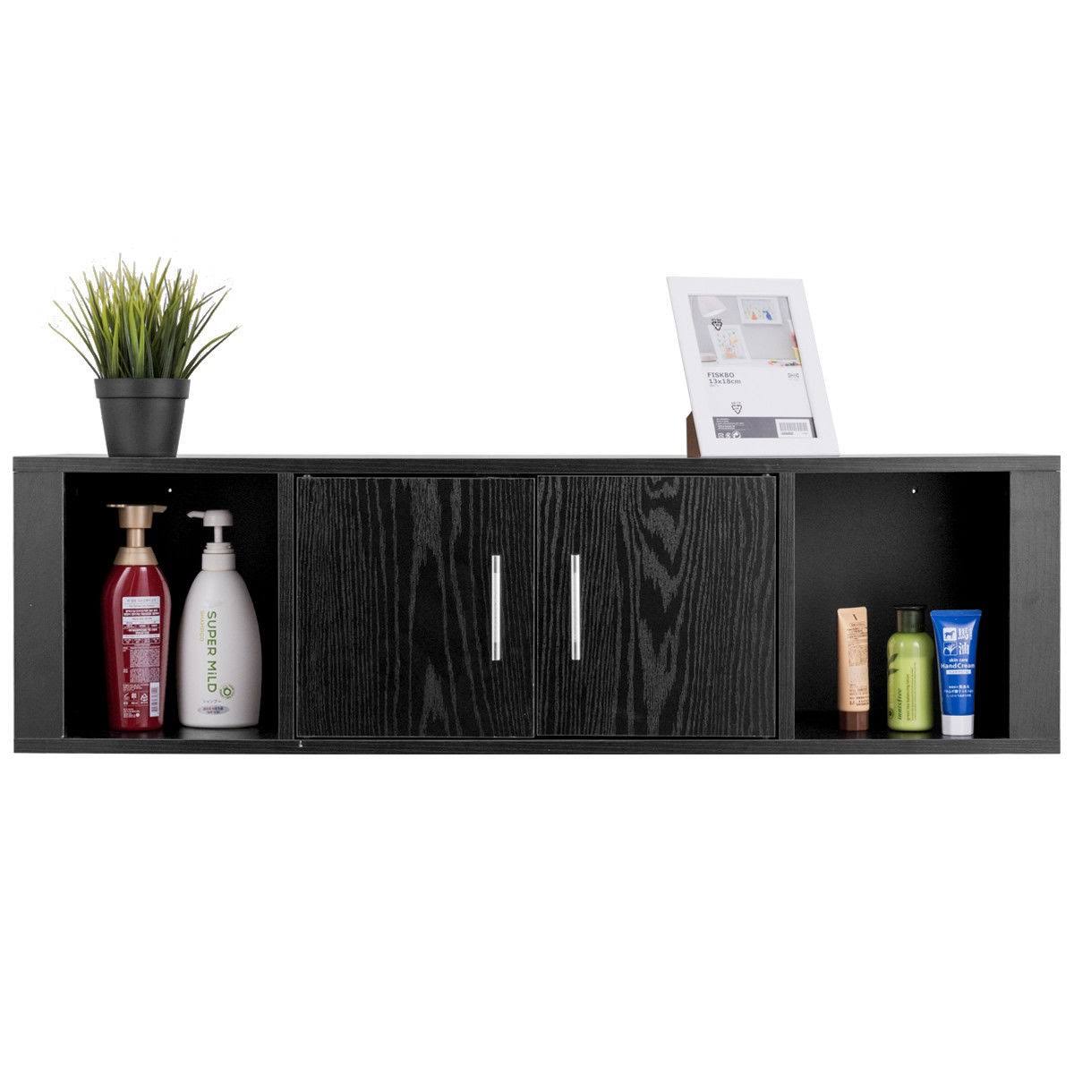 Black Wall Mounted Floating Desk Hutch Cabinet with 2 Door Storage Shelves F94062