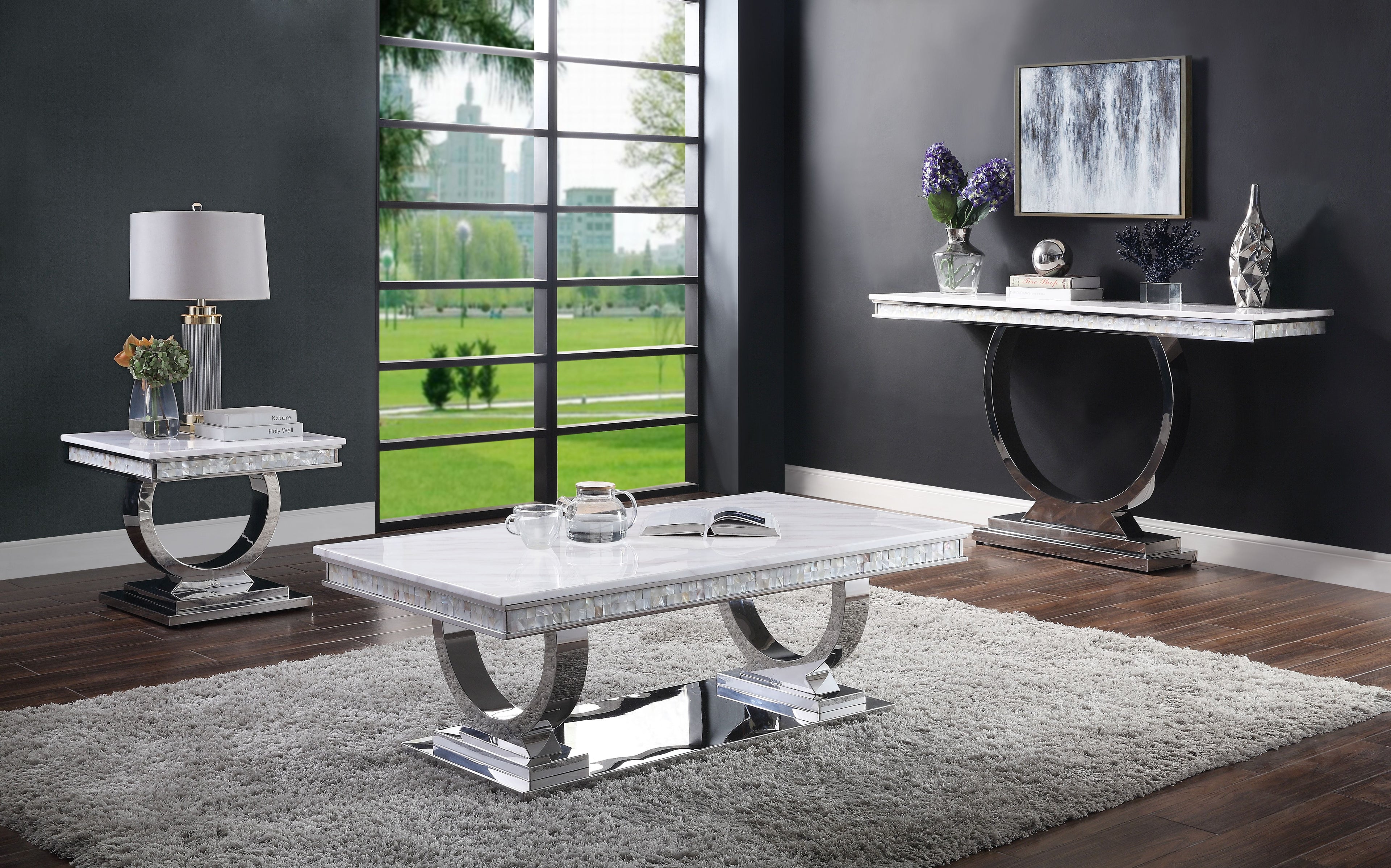 White Printed Faux Marble End Table M3223