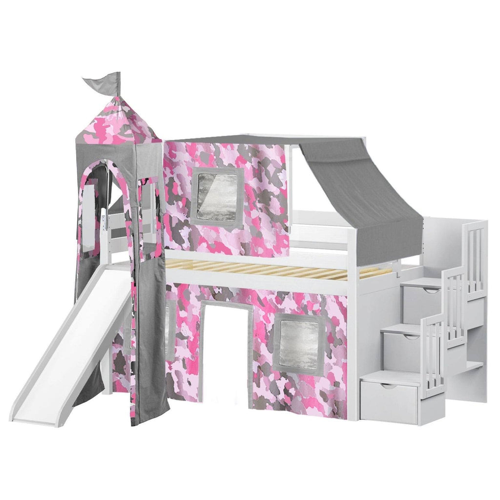 Blue Low Loft Twin Stairway Bed with Slide and Tent C28925