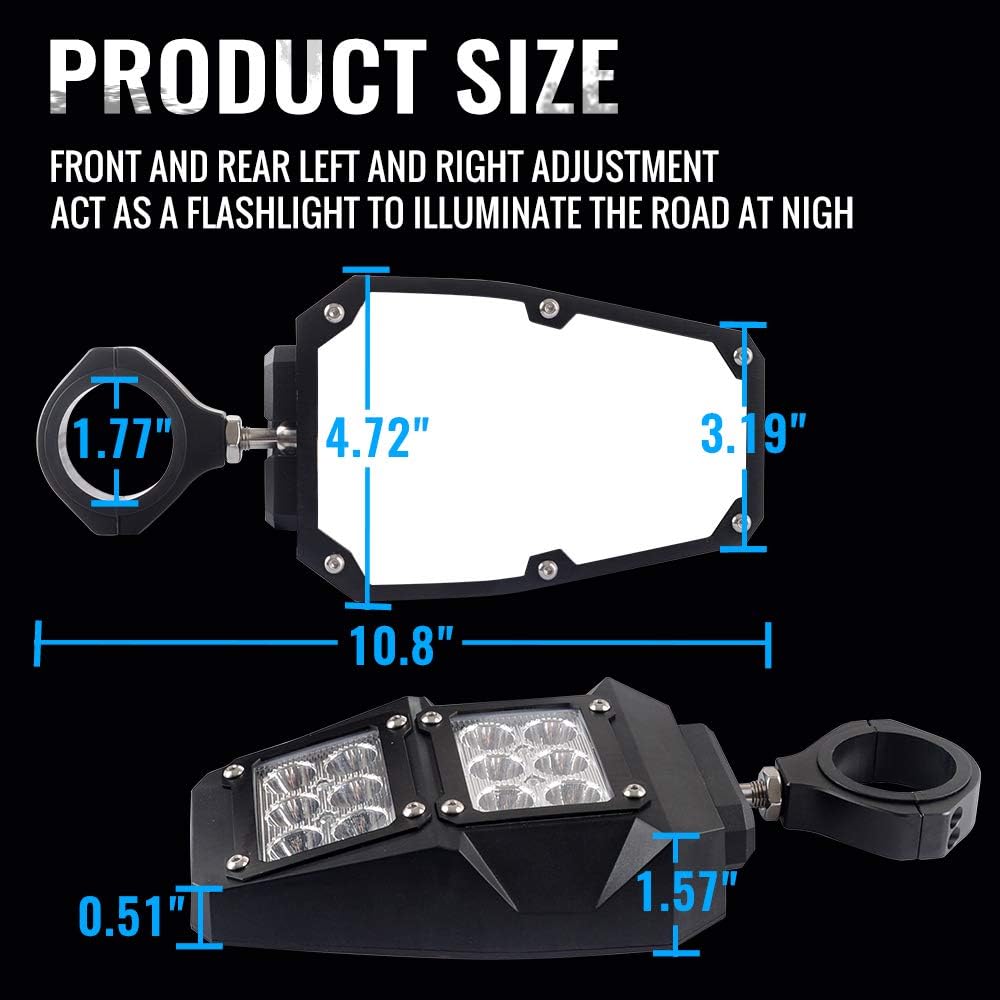 UTV Rear Side View Mirror with LED Spot Light, 1 Pair, Shatterproof Tempered Glass J690