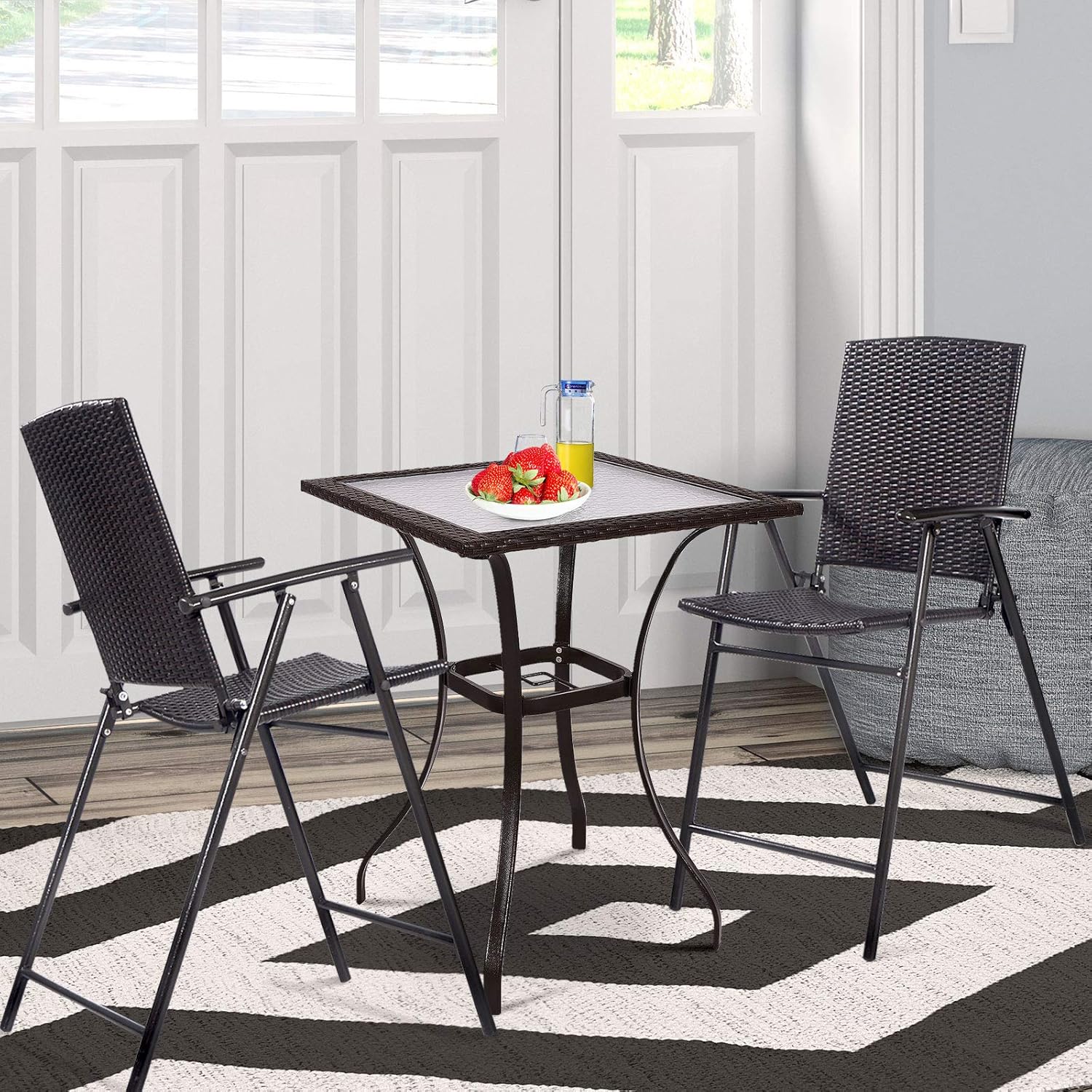 Set of 4 Folding Wicker Rattan Bar Stools with Back P74354