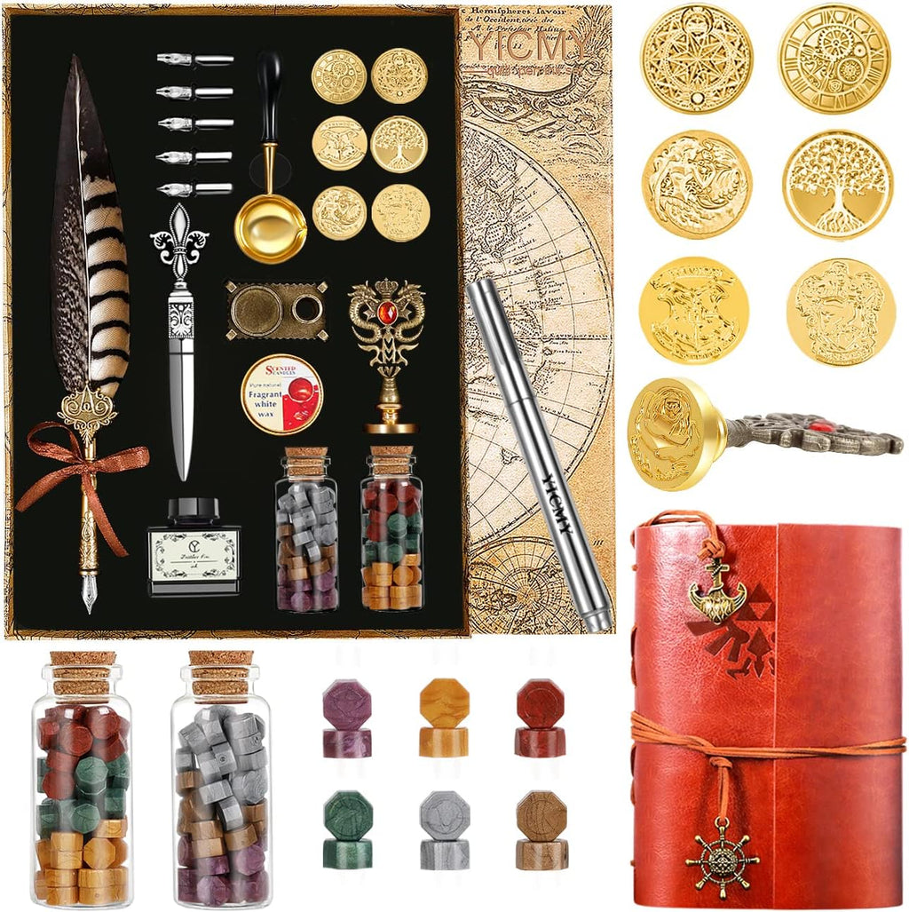 Pheasant Quill Pen and Ink Set Wax Seal Stamp Kit with Leather Journal Notebook, 7 Wax Stamp Heads, Pack of 2 X451065