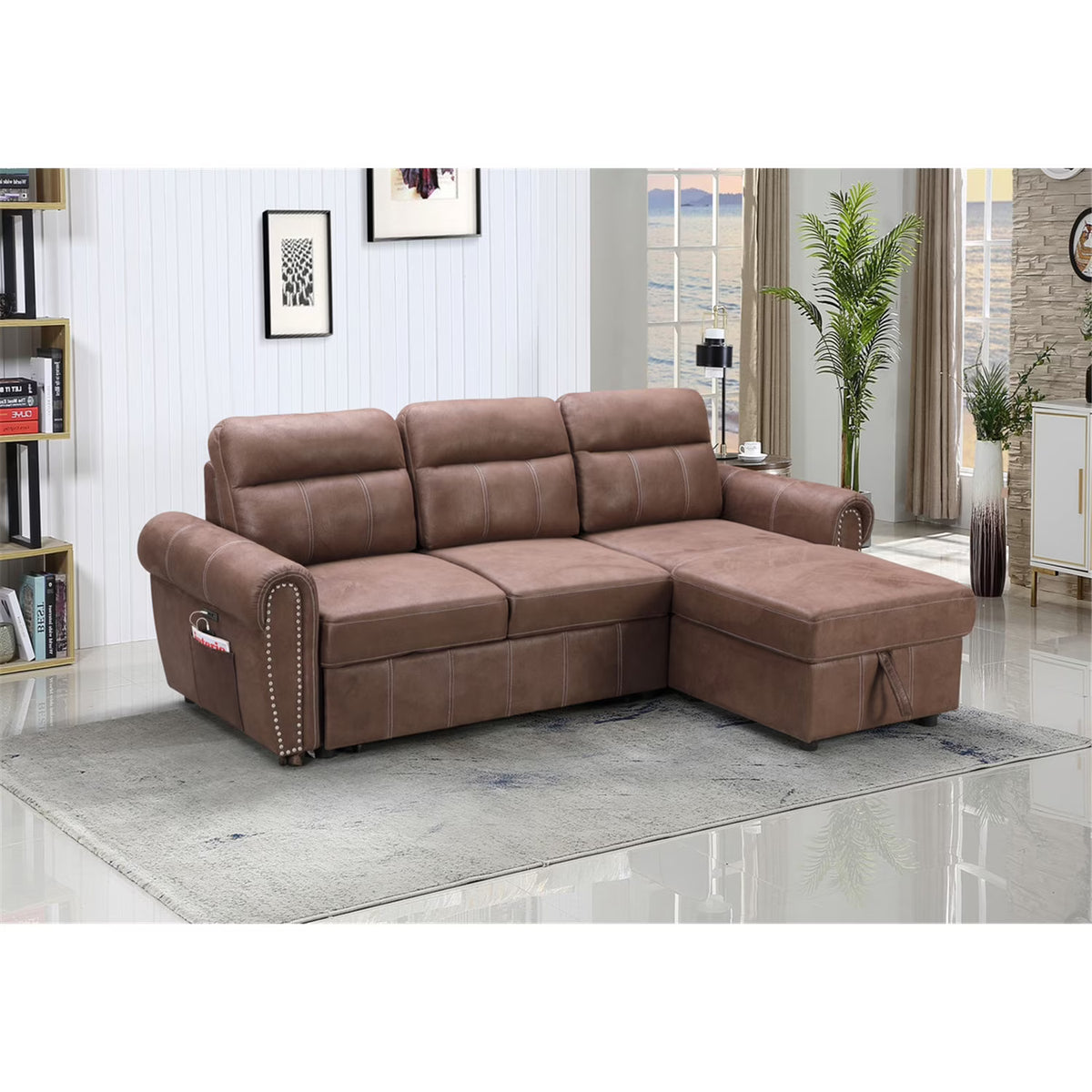 Brown Reversible Sleeper Sectional Sofa Chaise with USB Charger W84077